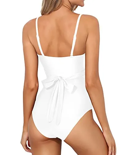 Full Coverage V Neck Tummy Control One Piece Swimsuits For Women-White