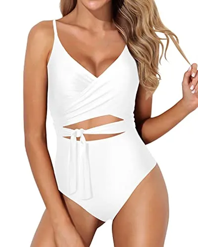 Full Coverage V Neck Tummy Control One Piece Swimsuits For Women-White