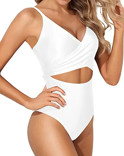 Full Coverage V Neck Tummy Control One Piece Swimsuits For Women-White