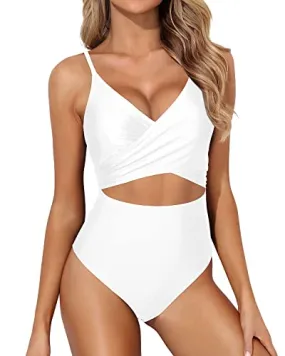 Full Coverage V Neck Tummy Control One Piece Swimsuits For Women-White