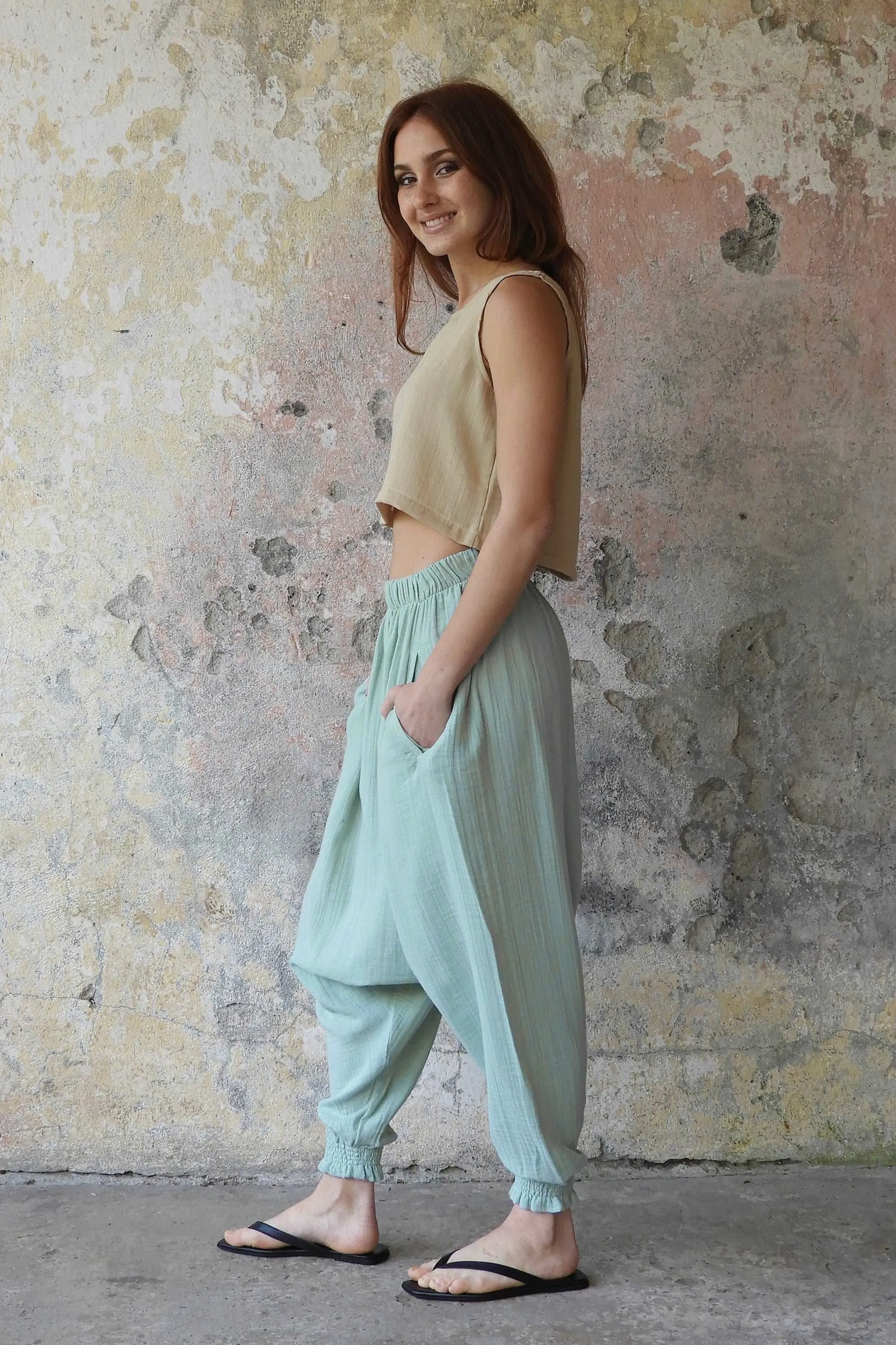 GAIA Women's Organic Gauze Cotton Harem Pants (Light Blue, Mint, Orange)
