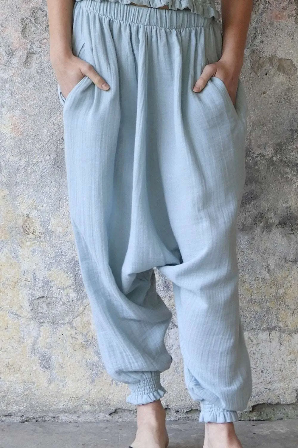 GAIA Women's Organic Gauze Cotton Harem Pants (Light Blue, Mint, Orange)
