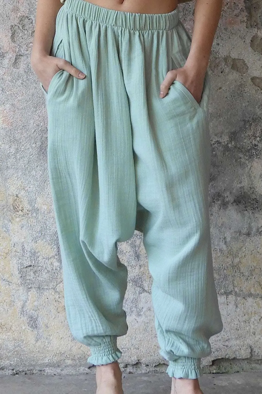 GAIA Women's Organic Gauze Cotton Harem Pants (Light Blue, Mint, Orange)