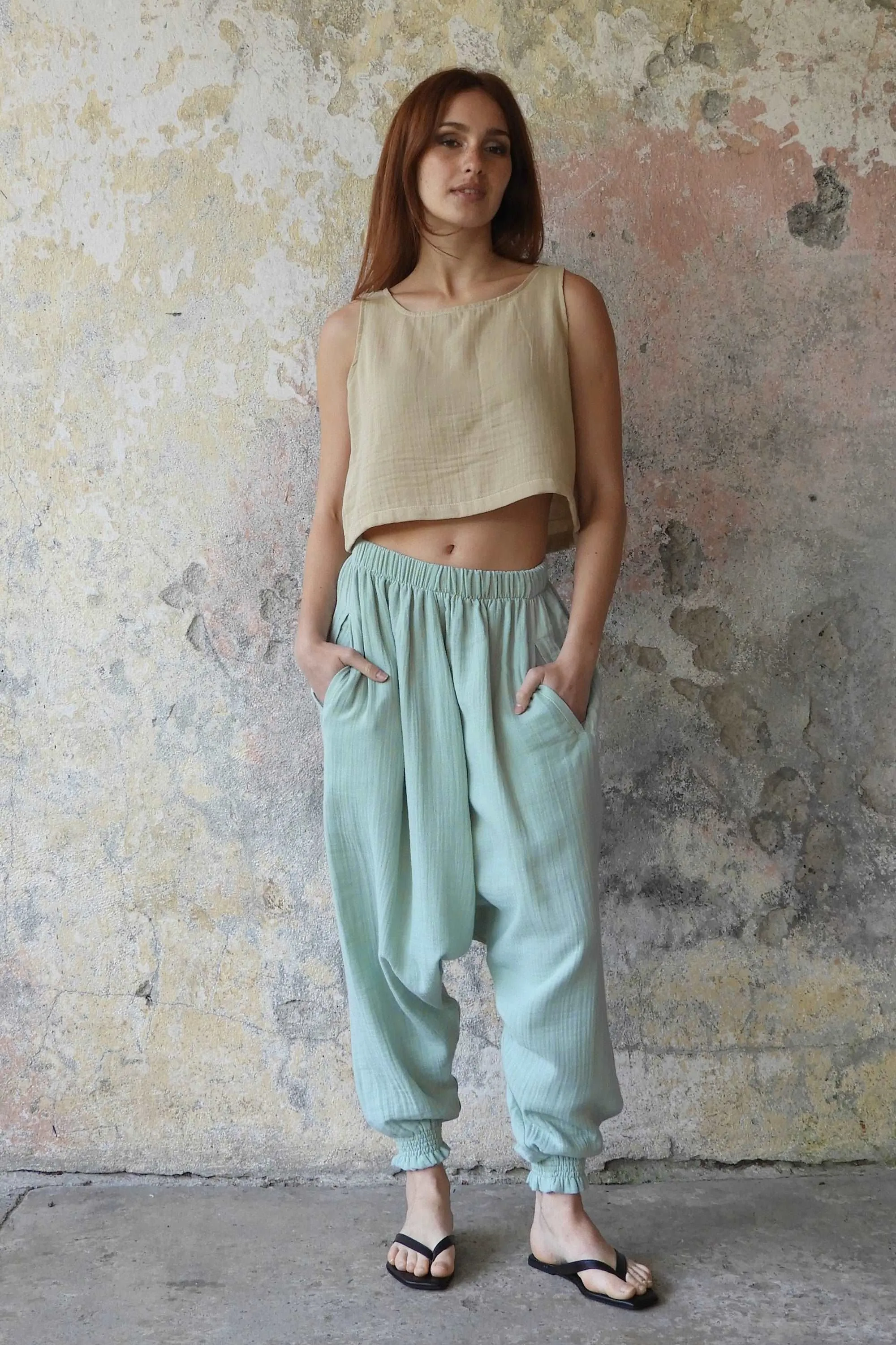 GAIA Women's Organic Gauze Cotton Harem Pants (Light Blue, Mint, Orange)