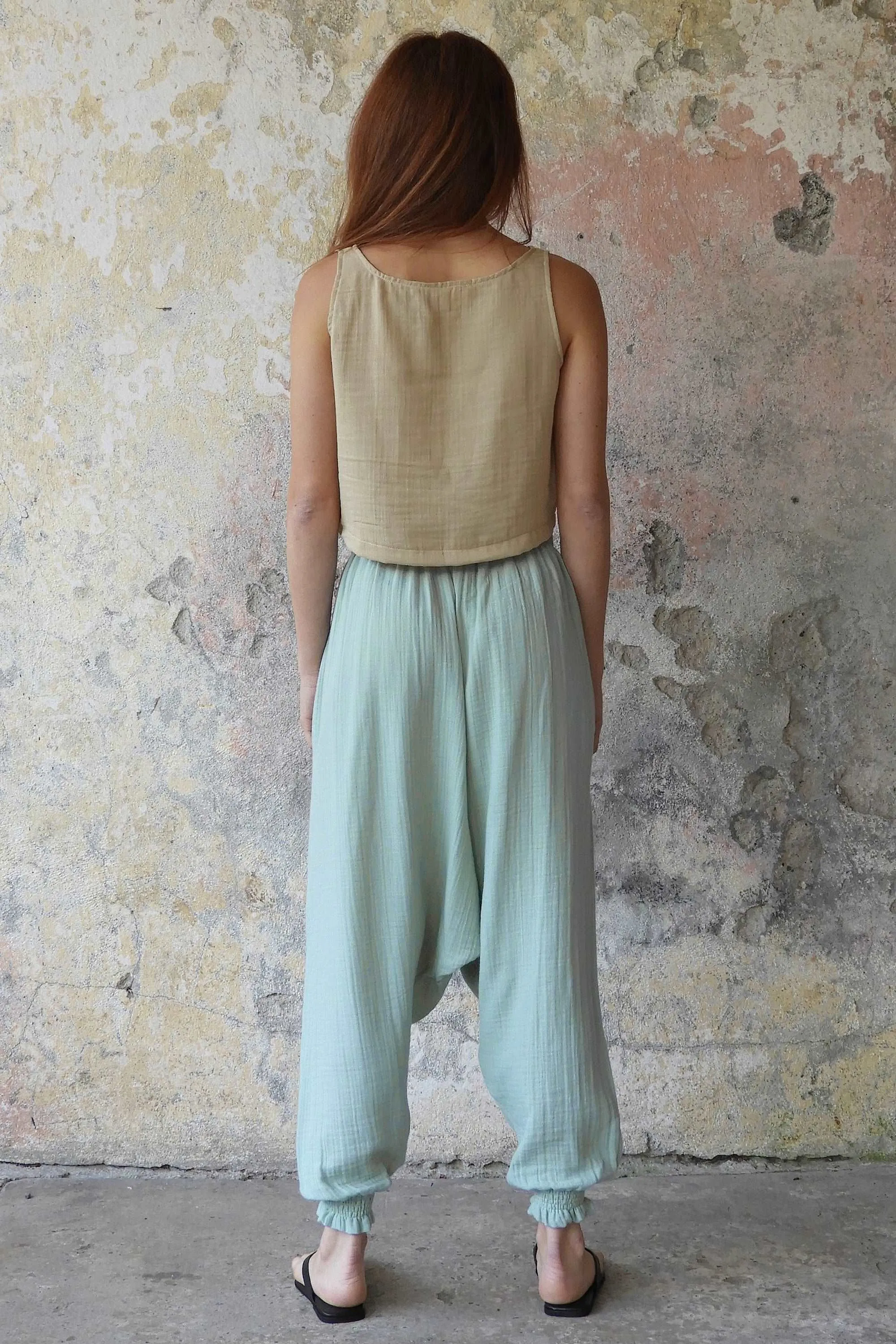 GAIA Women's Organic Gauze Cotton Harem Pants (Light Blue, Mint, Orange)