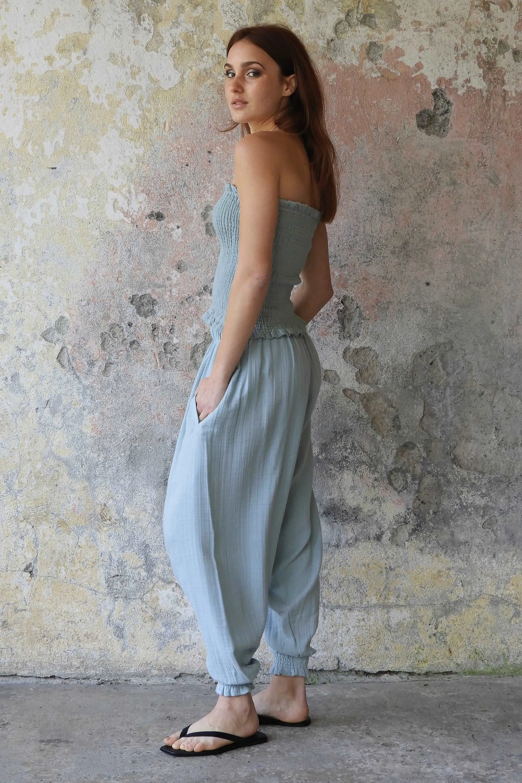 GAIA Women's Organic Gauze Cotton Harem Pants (Light Blue, Mint, Orange)