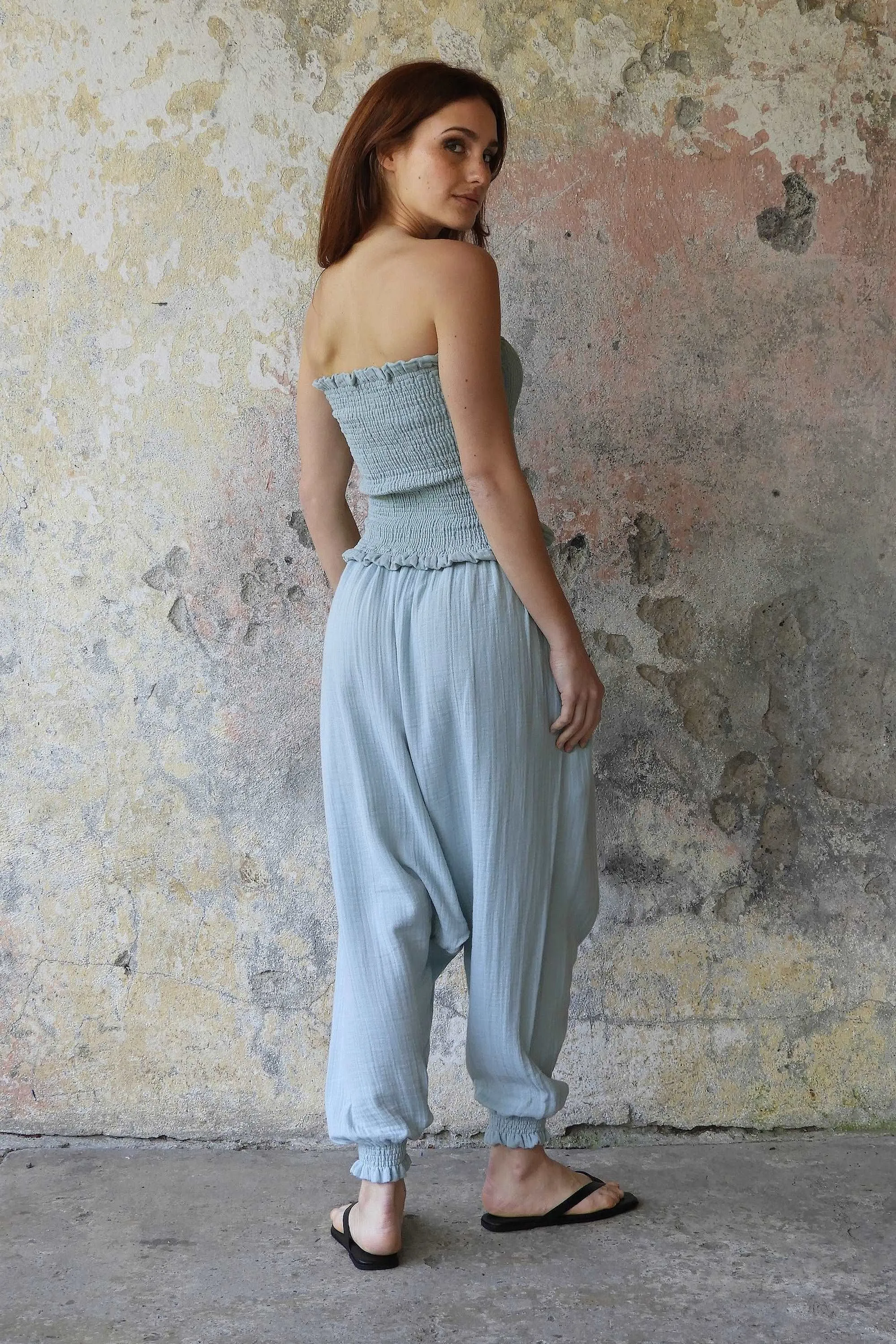 GAIA Women's Organic Gauze Cotton Harem Pants (Light Blue, Mint, Orange)