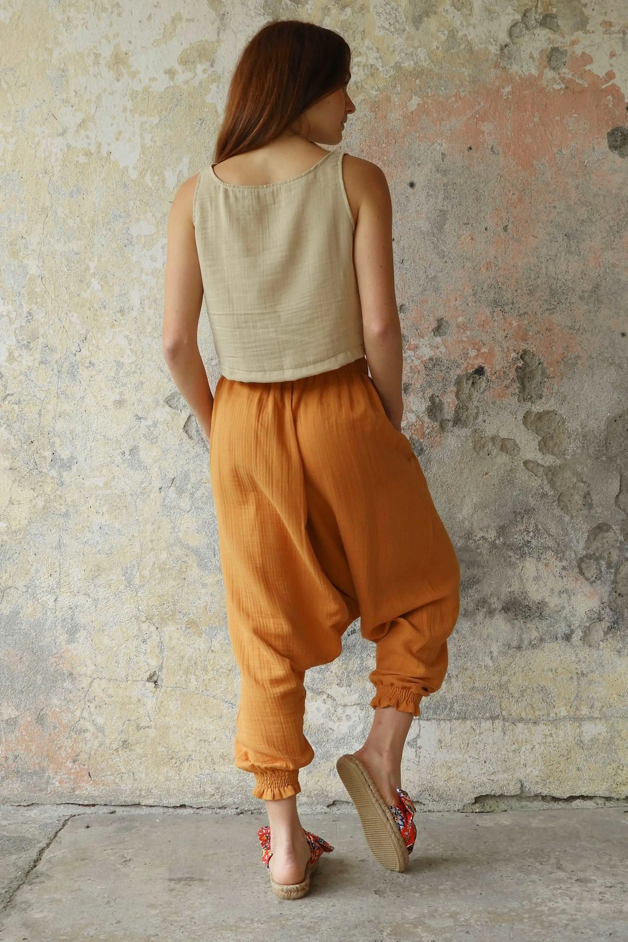 GAIA Women's Organic Gauze Cotton Harem Pants (Light Blue, Mint, Orange)