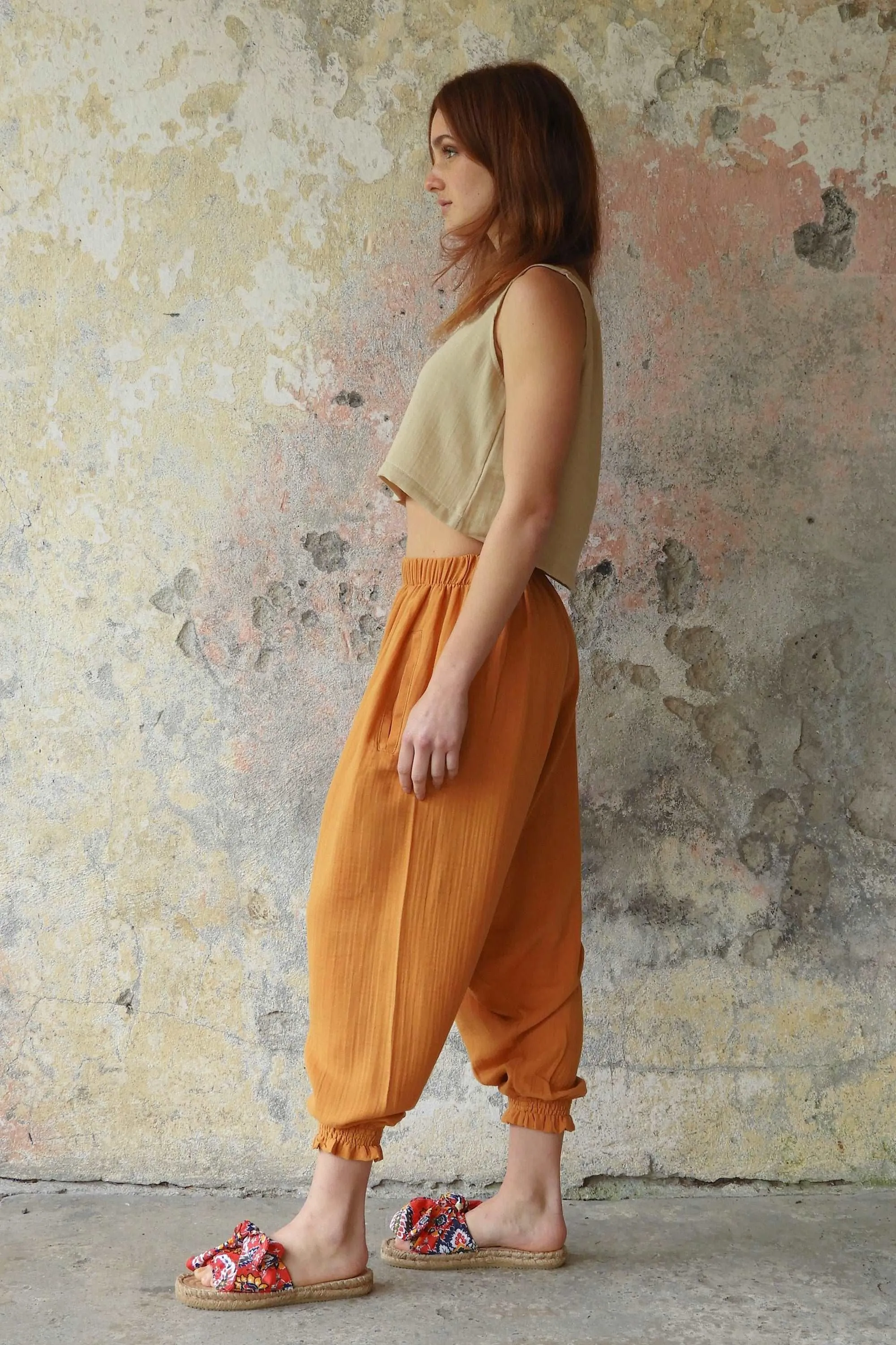 GAIA Women's Organic Gauze Cotton Harem Pants (Light Blue, Mint, Orange)