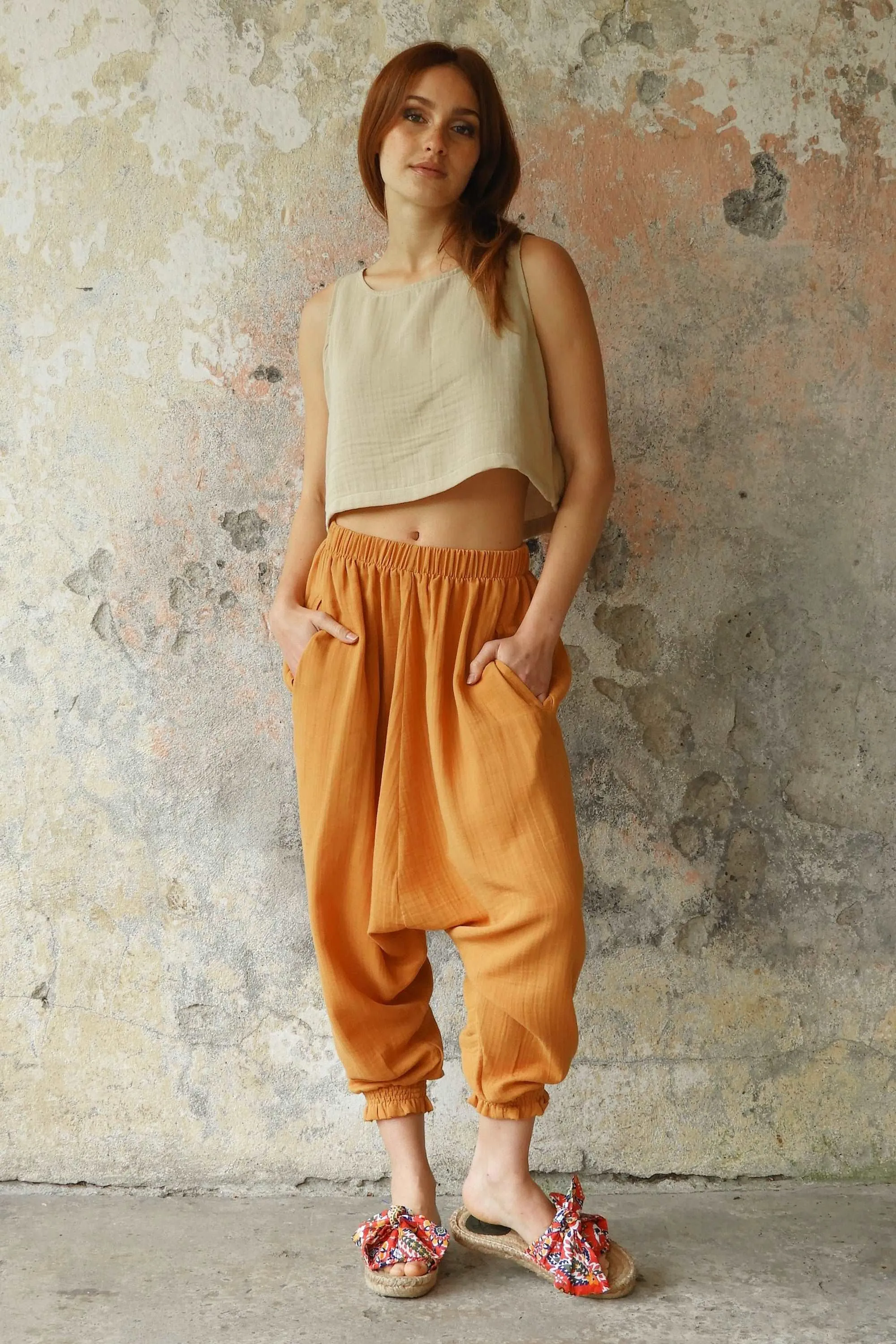 GAIA Women's Organic Gauze Cotton Harem Pants (Light Blue, Mint, Orange)