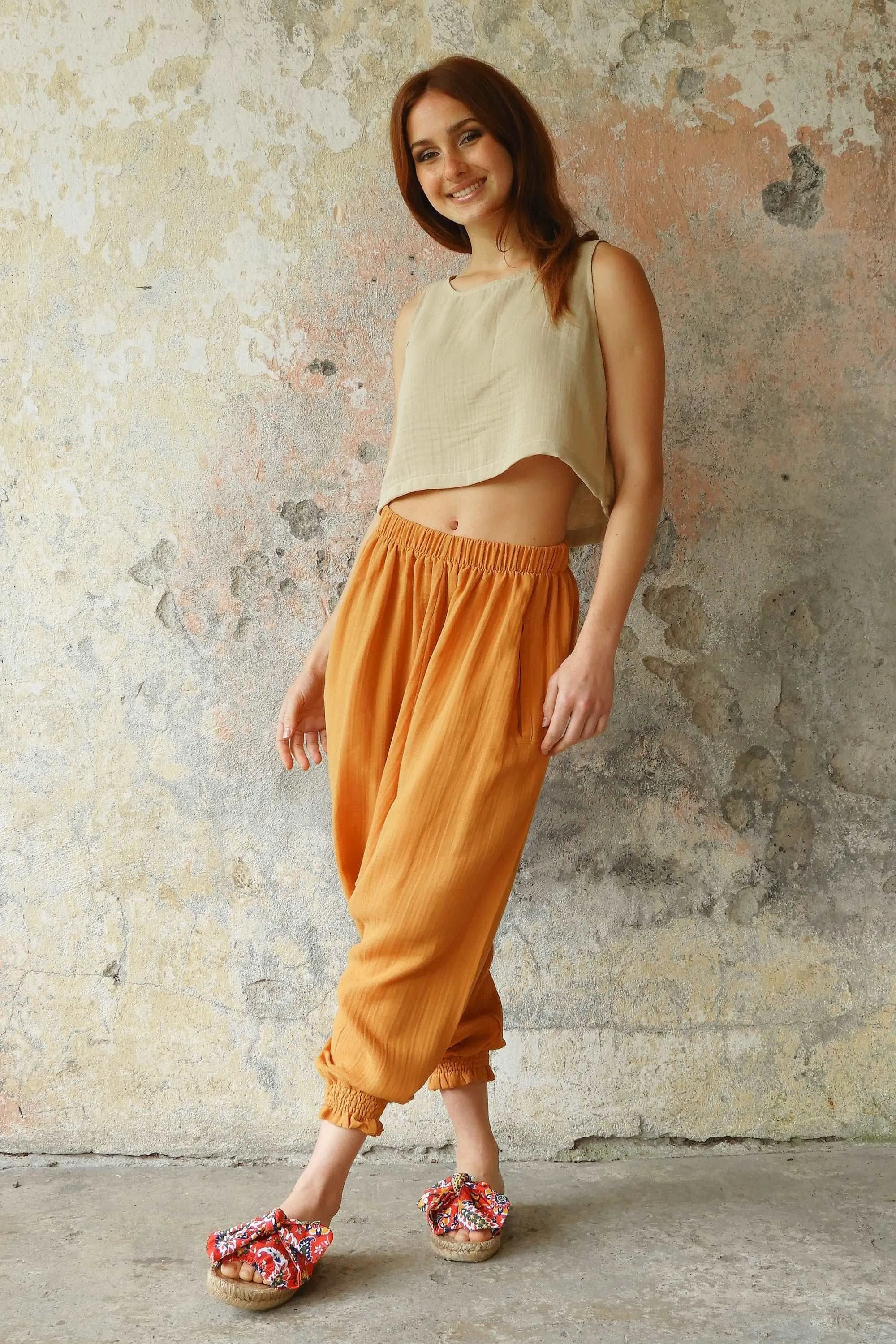 GAIA Women's Organic Gauze Cotton Harem Pants (Light Blue, Mint, Orange)
