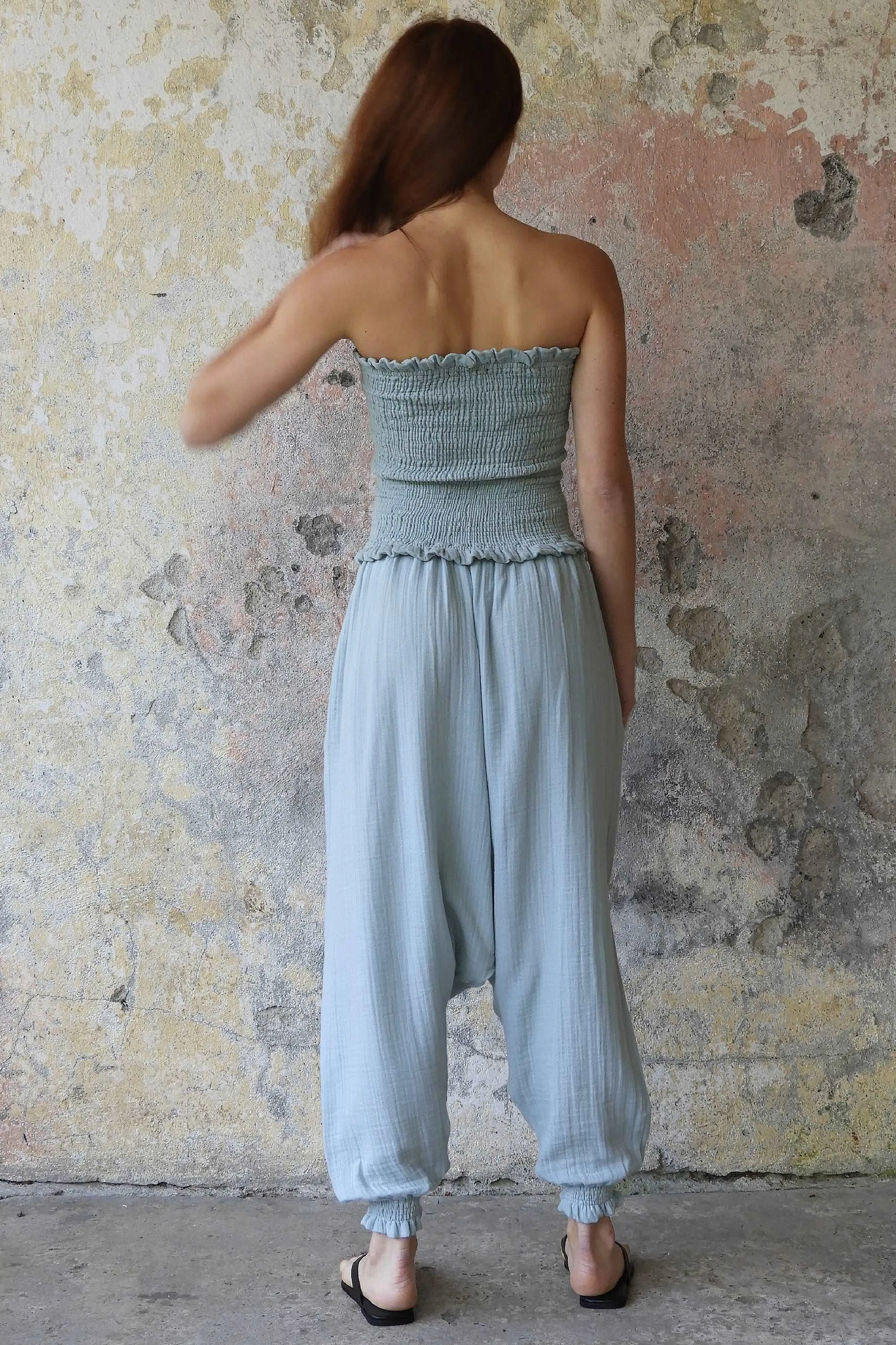 GAIA Women's Organic Gauze Cotton Harem Pants (Light Blue, Mint, Orange)
