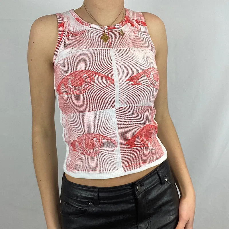 Gbolsos Women Eyes Pattern Printing Slim Vest Tops Summer Casual Ladies Round Collar Sleeveless Camisole Tops