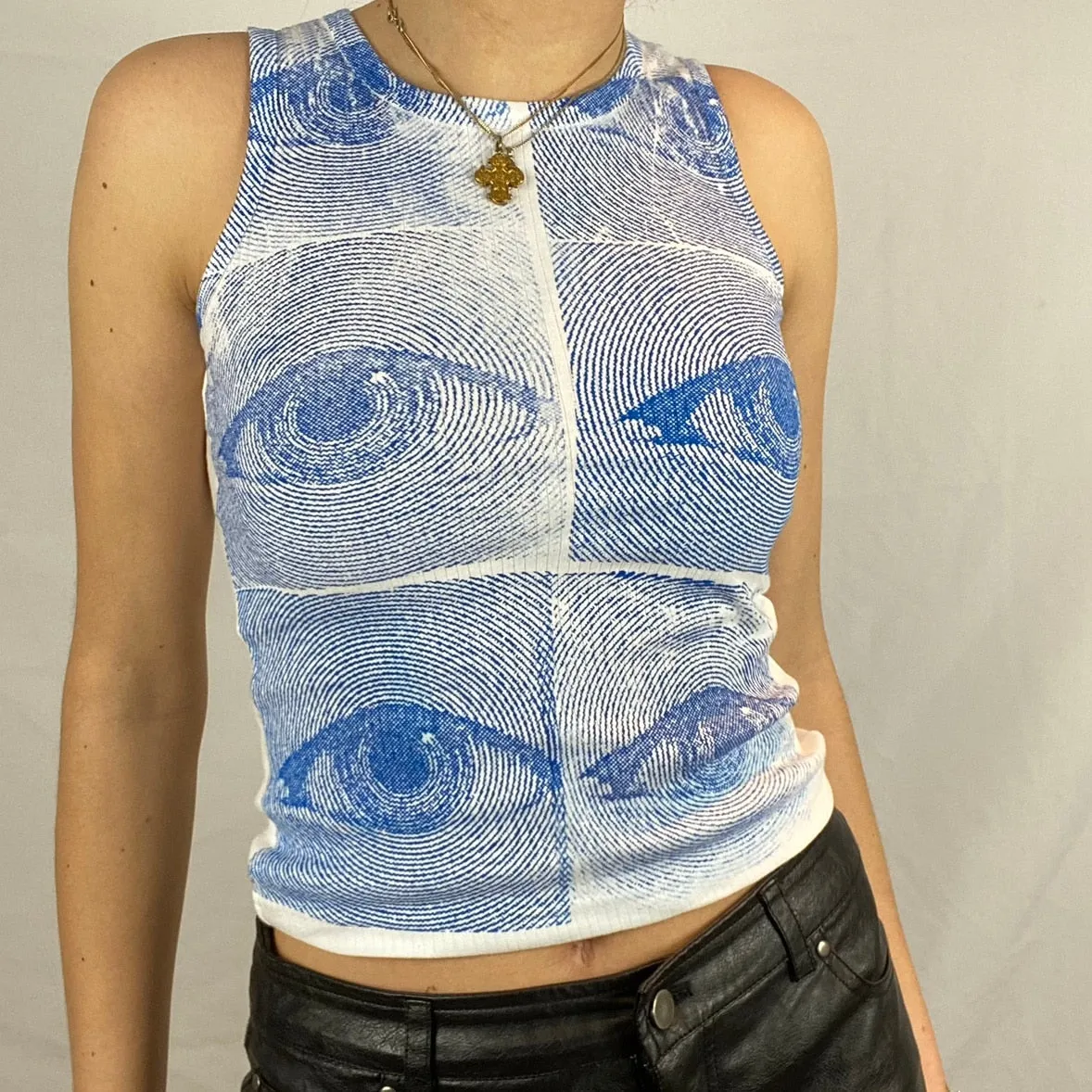 Gbolsos Women Eyes Pattern Printing Slim Vest Tops Summer Casual Ladies Round Collar Sleeveless Camisole Tops