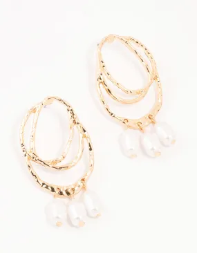 Gold Textured Oval Pearl Drop Earrings