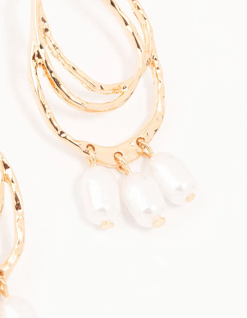 Gold Textured Oval Pearl Drop Earrings