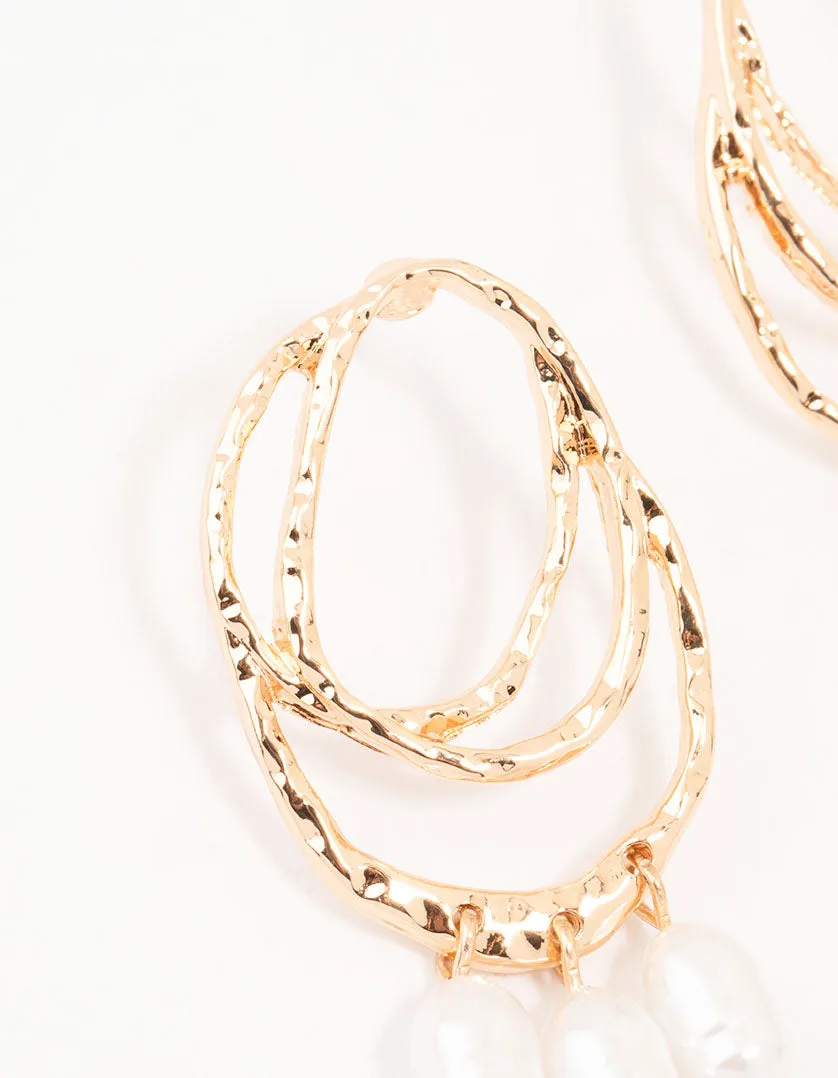 Gold Textured Oval Pearl Drop Earrings
