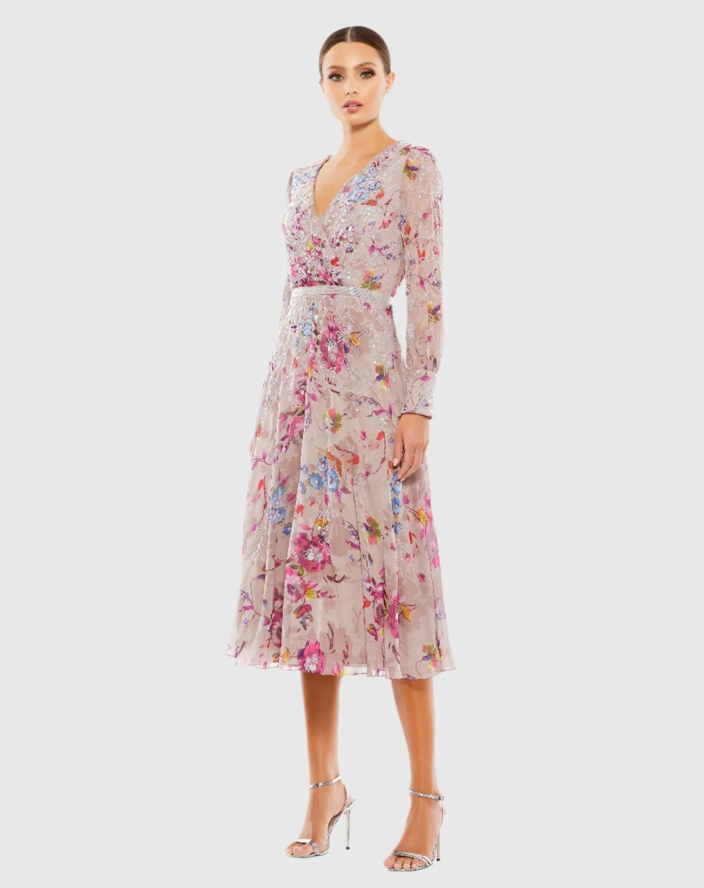 Hand Embellished Floral Long Sleeve Midi Dress - Mauve Multi