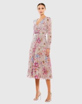 Hand Embellished Floral Long Sleeve Midi Dress - Mauve Multi