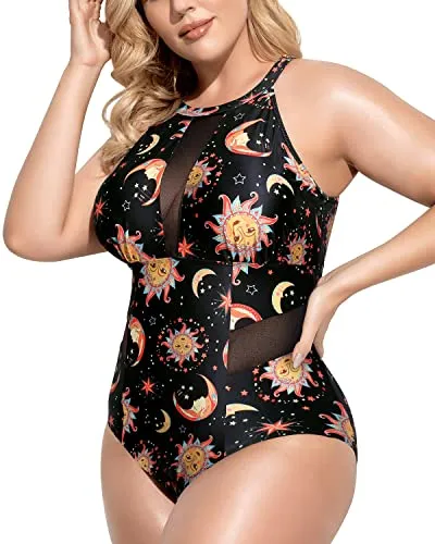 High-Neck Plunge Mesh Cut-Out Plus Size Swimwear-Black Sun And Moon