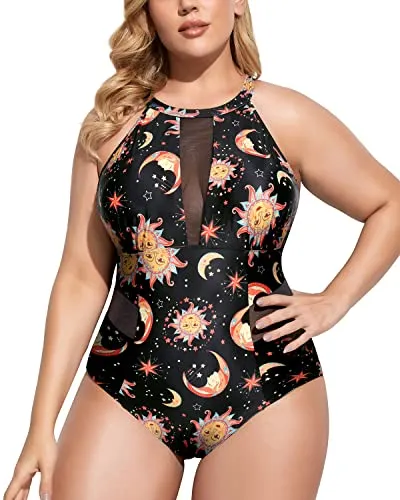 High-Neck Plunge Mesh Cut-Out Plus Size Swimwear-Black Sun And Moon