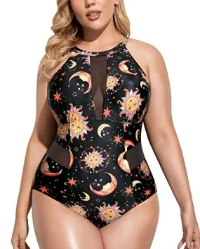 High-Neck Plunge Mesh Cut-Out Plus Size Swimwear-Black Sun And Moon