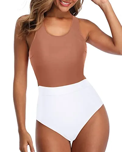 High Waist Bottoms Slimming Women One Piece Swimsuits-Brown And White