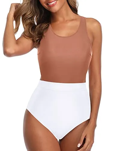 High Waist Bottoms Slimming Women One Piece Swimsuits-Brown And White
