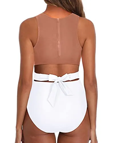 High Waist Bottoms Slimming Women One Piece Swimsuits-Brown And White