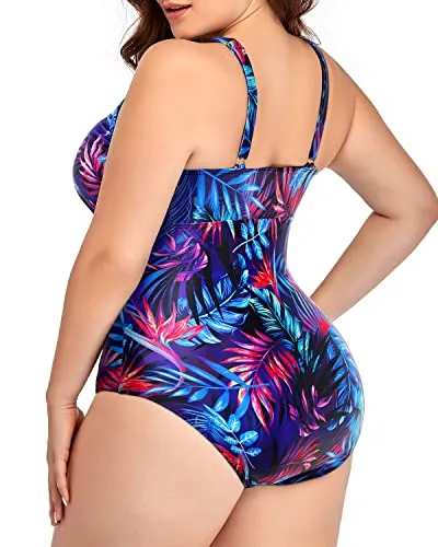 High Waisted Hollow Out Bathing Suit For Women Plus Size-Blue Leaves