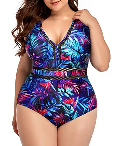 High Waisted Hollow Out Bathing Suit For Women Plus Size-Blue Leaves