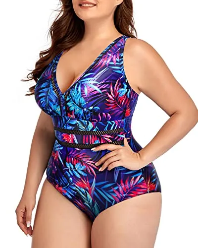 High Waisted Hollow Out Bathing Suit For Women Plus Size-Blue Leaves