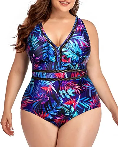 High Waisted Hollow Out Bathing Suit For Women Plus Size-Blue Leaves