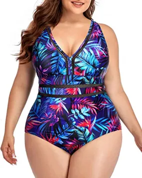 High Waisted Hollow Out Bathing Suit For Women Plus Size-Blue Leaves
