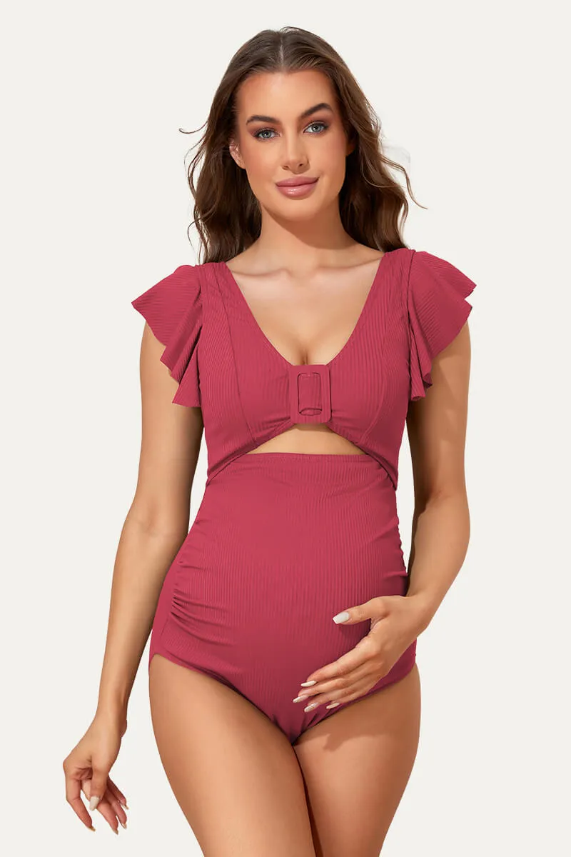 High Waisted One Piece Ruffled Cutout Swimsuits For Pregnant Women