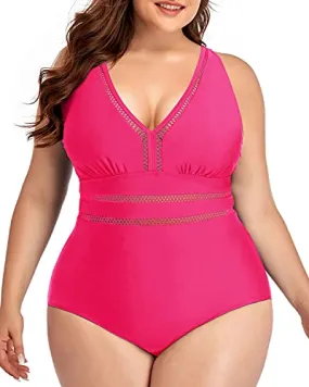 High Waisted Plus Size Swimwear Tummy Control-Neon Pink