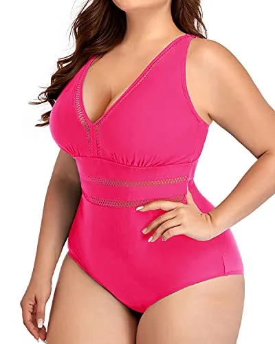 High Waisted Plus Size Swimwear Tummy Control-Neon Pink