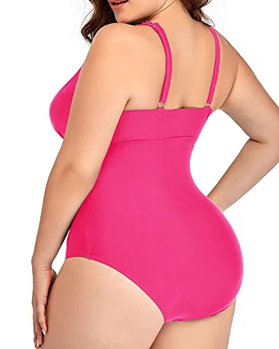 High Waisted Plus Size Swimwear Tummy Control-Neon Pink