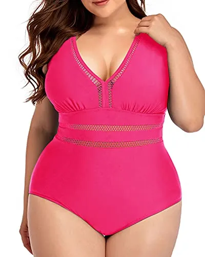 High Waisted Plus Size Swimwear Tummy Control-Neon Pink