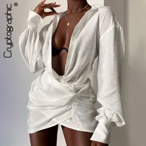 Joskaa hoco dresses Christmas Gift Cryptographic Linen Sexy Draped Mini Shirt Dresses Autumn 2024 Elegant Oversized Dress Wrap Ruched Shirts Dress Fashion Outfits