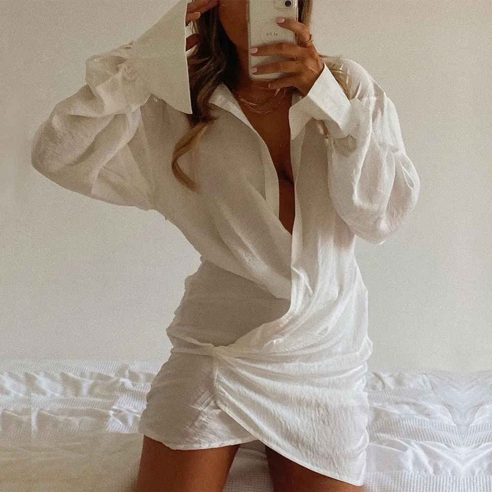 Joskaa hoco dresses Christmas Gift Cryptographic Linen Sexy Draped Mini Shirt Dresses Autumn 2024 Elegant Oversized Dress Wrap Ruched Shirts Dress Fashion Outfits