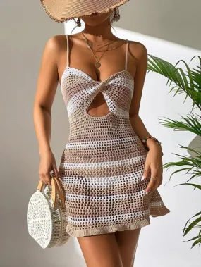 Knit Striped Summer Vacay Beach Dress with Cutout Knot