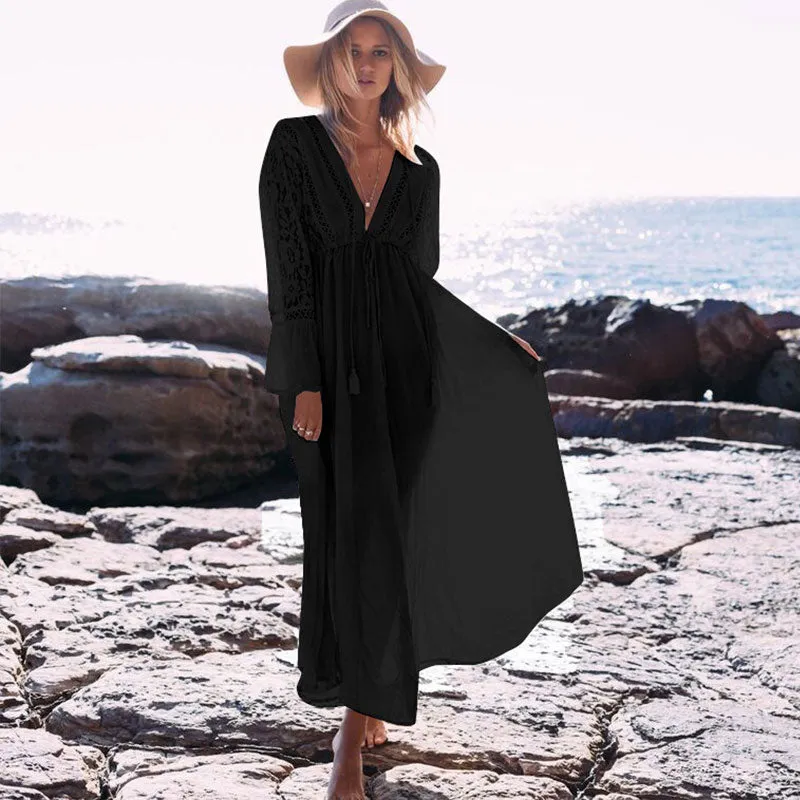 Lace Drawstring Lace-up Flowy Tassel Las Vegas Bohemian Maxi Dress #Black #Lace-Up #Bohemian
