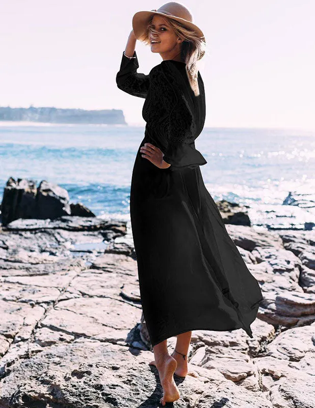 Lace Drawstring Lace-up Flowy Tassel Las Vegas Bohemian Maxi Dress #Black #Lace-Up #Bohemian
