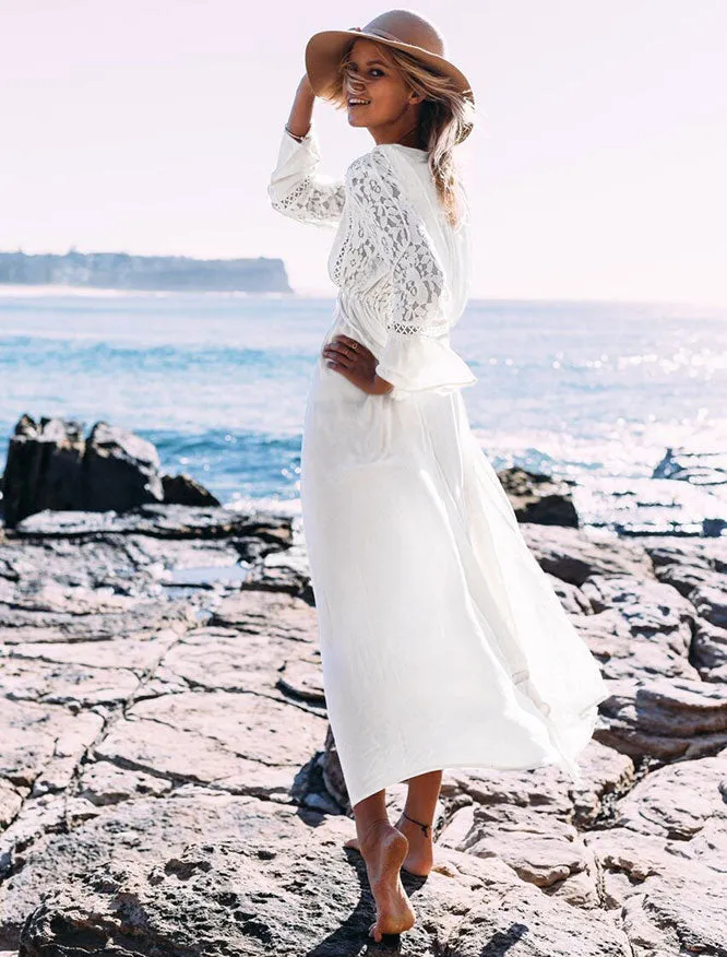 Lace Drawstring Lace-up Flowy Tassel Las Vegas Bohemian Maxi Dress #White #Lace-Up #Bohemian