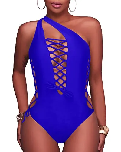 Lace Up Plunge V Neck Monokini One Piece Swimsuits-Royal Blue