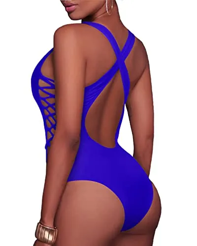 Lace Up Plunge V Neck Monokini One Piece Swimsuits-Royal Blue