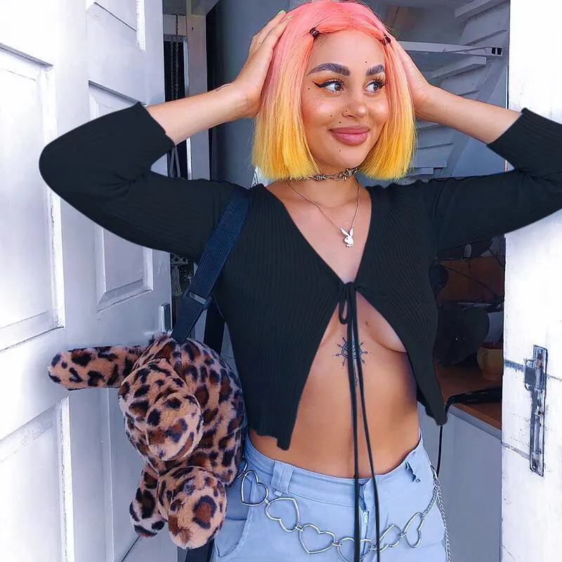Lace-up V-neck Sexy Slim Long Sleeves Crop Top
