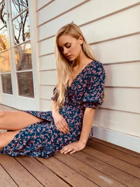 Lia Navy Blue Floral Midi Wrap Dress