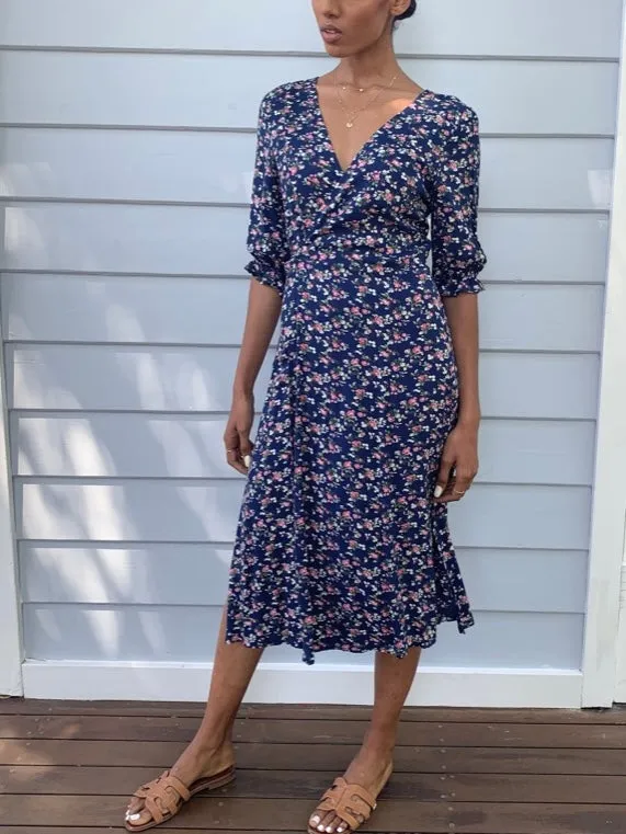 Lia Navy Blue Floral Midi Wrap Dress